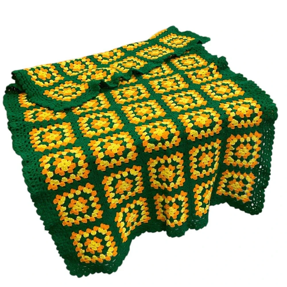 Vintage Crochet Granny Square‎ Afghan Green Yellow Sofa Throw Roseanne Couch